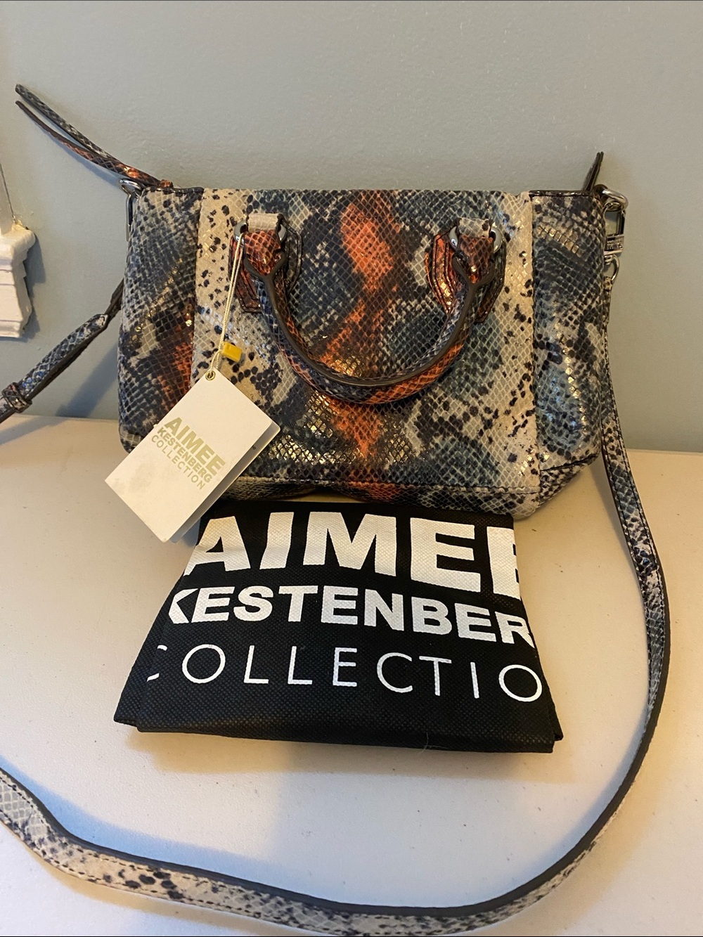 Aimee Kestenberg Blue & Orange Snake-Print Mini Satchel
